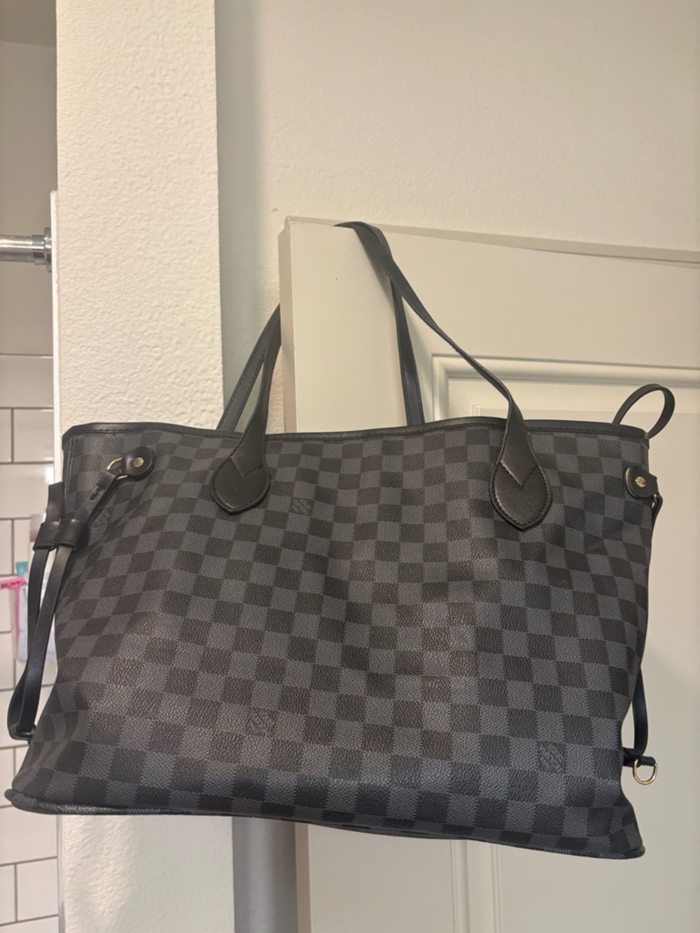 Black inspired fashion Checkered Tote Bag with Top Handles